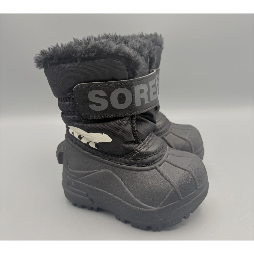 Sorel Snow Commander Boots Youth Size 4 Black Fur Lined Waterproof